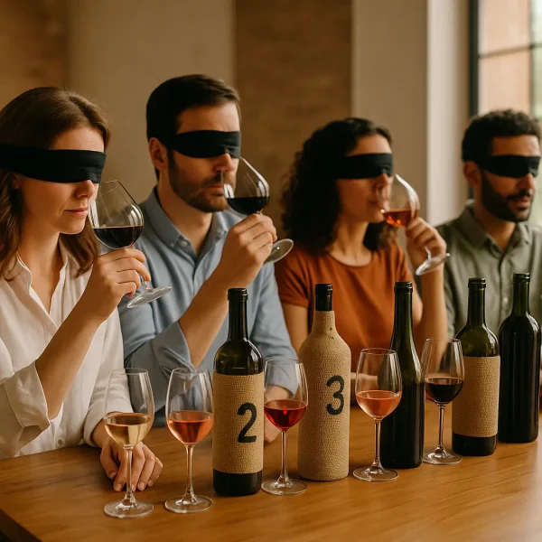 Participantes blindados oliendo sus copas con botellas numeradas sobre una mesa de madera y luz natural