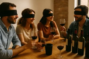 Grupo de personas vendadas conversando y riendo mientras participan en una cata de vinos a ciegas