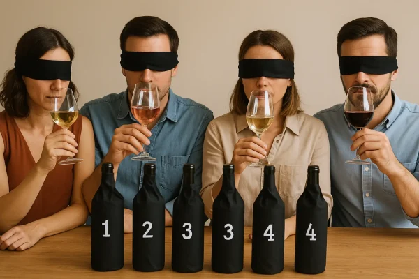 Cuatro personas con los ojos vendados oliendo diferentes copas de vino en una mesa de cata