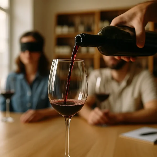 Primer plano de una copa de vino siendo servida por un sumiller con los participantes al fondo desenfocados
