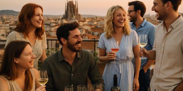Cata de vino al atardecer en una azotea de Barcelona con vistas a la Sagrada Familia